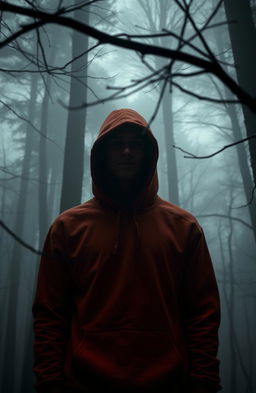 A mysterious scene featuring a teenage male with a shrouded face wearing an orange hoodie, standing in dark, ominous woods
