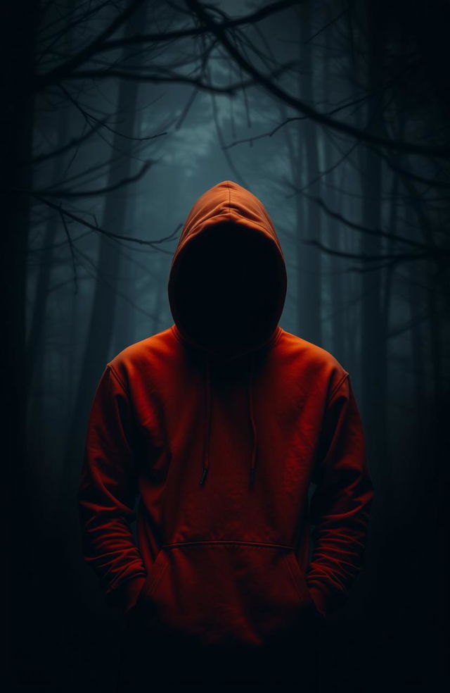 A mysterious scene featuring a teenage male with a shrouded face wearing an orange hoodie, standing in dark, ominous woods