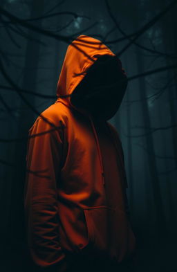 A mysterious scene featuring a teenage male with a shrouded face wearing an orange hoodie, standing in dark, ominous woods
