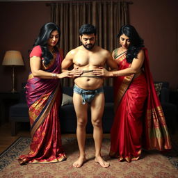 In an intense integration room, two striking desi women dressed in elegant, colorful sarees flaunt their voluptuous hourglass figures, showcasing their ample busts and wide hips