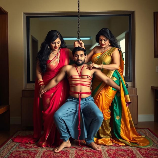 In an intense integration room, two striking desi women dressed in elegant, colorful sarees flaunt their voluptuous hourglass figures, showcasing their ample busts and wide hips