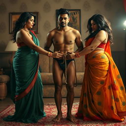 In a captivating integration room, two seductive desi women in vibrant, flowing sarees flaunt their stunning hourglass figures, highlighting their ample busts and wide hips
