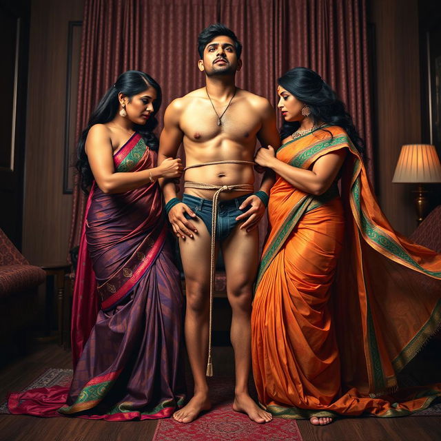 In a captivating integration room, two seductive desi women in vibrant, flowing sarees flaunt their stunning hourglass figures, highlighting their ample busts and wide hips