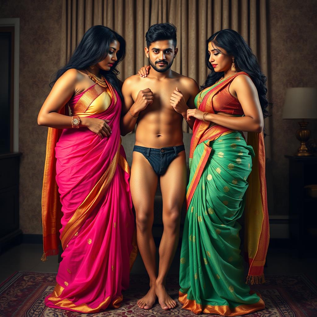 In a captivating integration room, two seductive desi women in vibrant, flowing sarees flaunt their stunning hourglass figures, highlighting their ample busts and wide hips