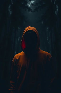 A mysterious teenage male figure with shrouded eyes, wearing a bright orange hoodie, stands alone in dark, dense woods