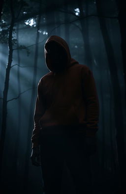 A mysterious teenage male figure with shrouded eyes, wearing a bright orange hoodie, stands alone in dark, dense woods