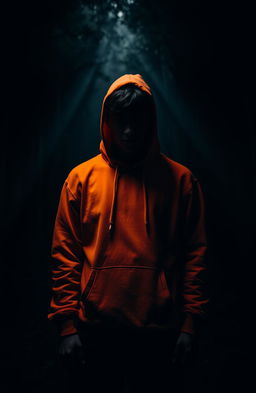 A mysterious teenage male figure with shrouded eyes, wearing a bright orange hoodie, stands alone in dark, dense woods
