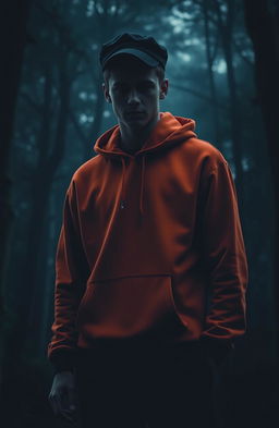 A mysterious teenage male figure with shrouded eyes, wearing a bright orange hoodie, stands alone in dark, dense woods