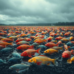 A surreal landscape featuring a rain-soaked field scattered with vibrant, colorful fish of various sizes and species