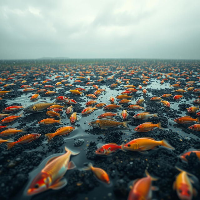 A surreal landscape featuring a rain-soaked field scattered with vibrant, colorful fish of various sizes and species