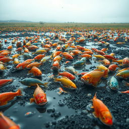 A surreal landscape featuring a rain-soaked field scattered with vibrant, colorful fish of various sizes and species