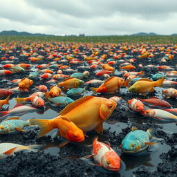 A surreal landscape featuring a rain-soaked field scattered with vibrant, colorful fish of various sizes and species