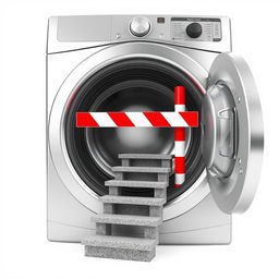 An imaginative scene showcasing a step of stairs and a roadblock, both surprisingly stuck inside a large washing machine