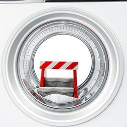 An imaginative scene showcasing a step of stairs and a roadblock, both surprisingly stuck inside a large washing machine