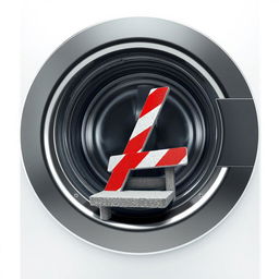 An imaginative scene showcasing a step of stairs and a roadblock, both surprisingly stuck inside a large washing machine