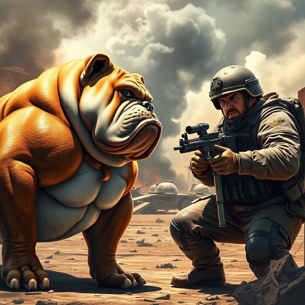 A dramatic scene depicting a muscular bulldog confidently facing off against a rugged soldier in a dynamic pose