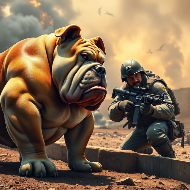 A dramatic scene depicting a muscular bulldog confidently facing off against a rugged soldier in a dynamic pose