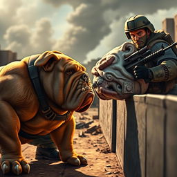 A dramatic scene depicting a muscular bulldog confidently facing off against a rugged soldier in a dynamic pose
