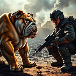 A dramatic scene depicting a muscular bulldog confidently facing off against a rugged soldier in a dynamic pose