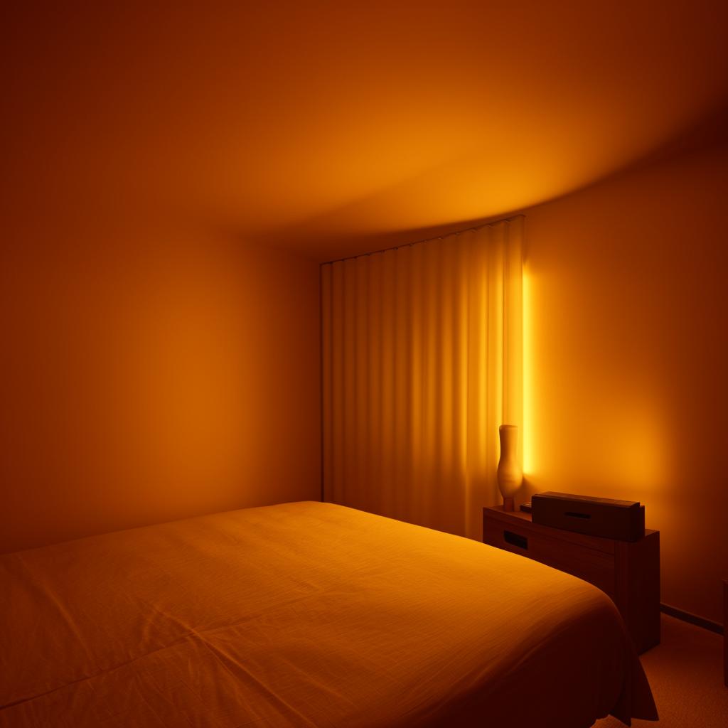 A cozy and simple modern room, beautifully comforting with a dim, yellow ambient light.