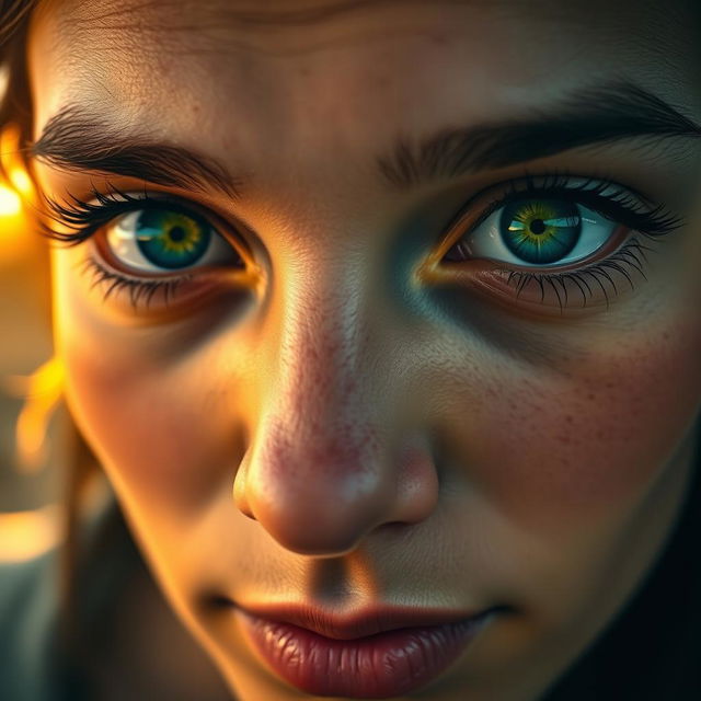 A close-up portrait of a person with striking, deep-set eyes that convey intense emotion