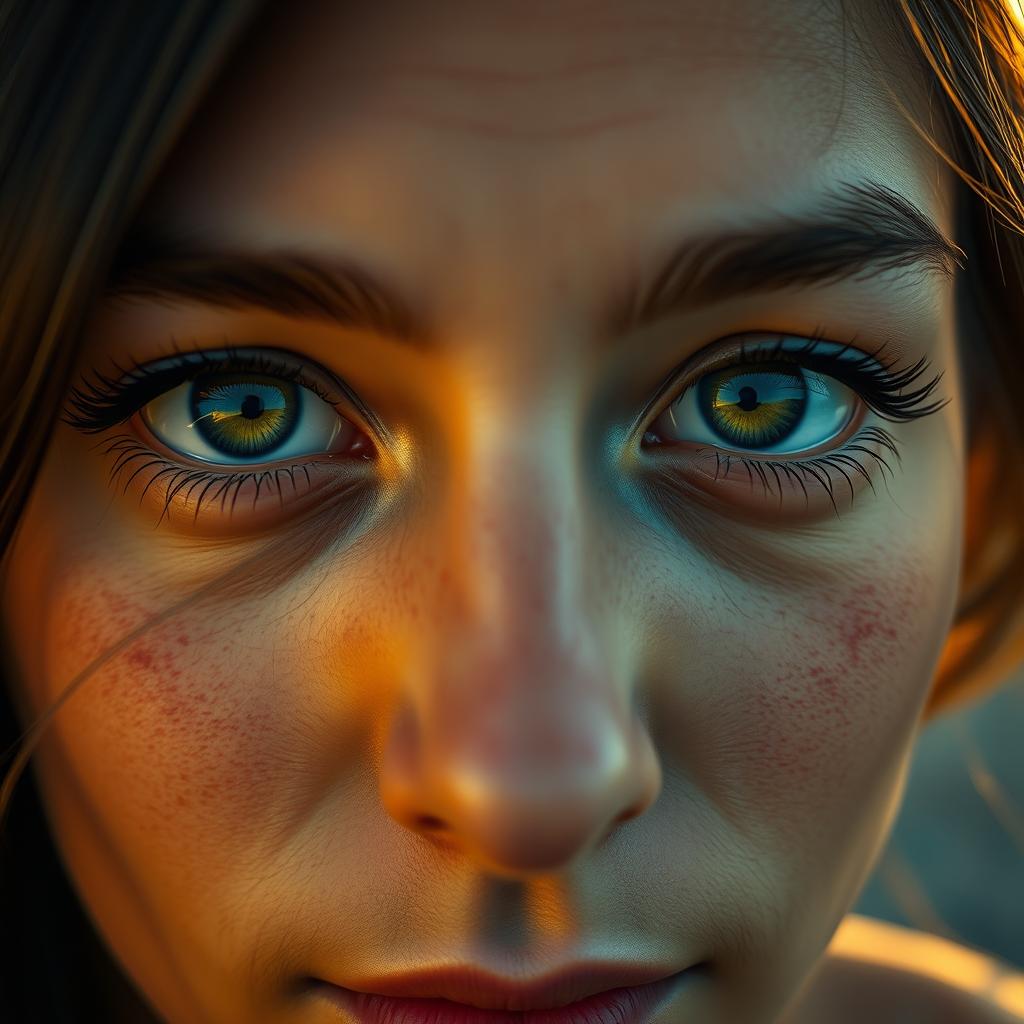 A close-up portrait of a person with striking, deep-set eyes that convey intense emotion