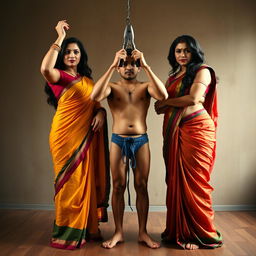 In an intriguing integration room, two stunning desi women dressed in vibrant, flowing sarees showcase their voluptuous hourglass figures, accentuating their ample busts and wide hips