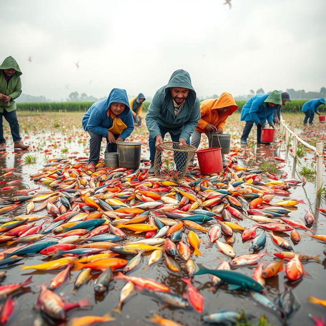 A vivid and lively scene depicting locals of diverse backgrounds collecting colorful fish scattered across a rain-soaked field