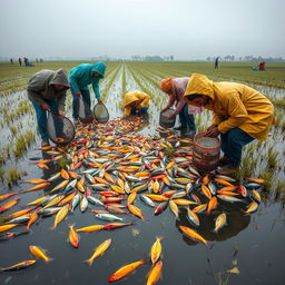 A vivid and lively scene depicting locals of diverse backgrounds collecting colorful fish scattered across a rain-soaked field