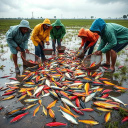 A vivid and lively scene depicting locals of diverse backgrounds collecting colorful fish scattered across a rain-soaked field