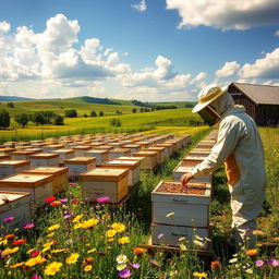 A picturesque honey farm in a sunny, vibrant countryside setting