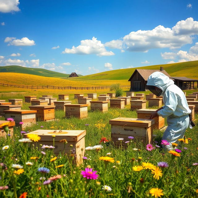 A picturesque honey farm in a sunny, vibrant countryside setting