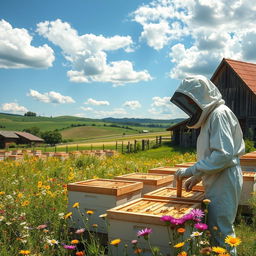 A picturesque honey farm in a sunny, vibrant countryside setting