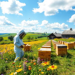 A picturesque honey farm in a sunny, vibrant countryside setting