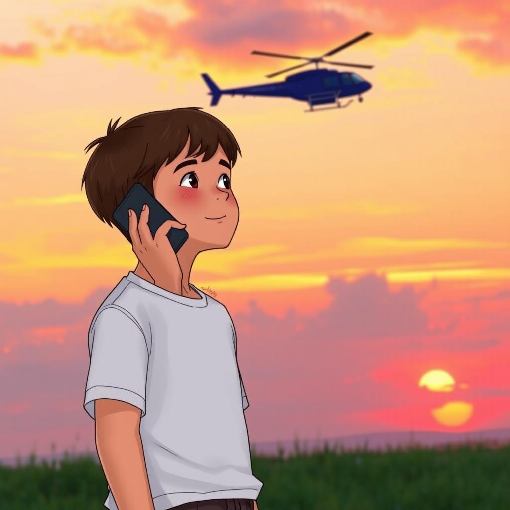 A young boy named Ripon, with short brown hair, is talking on a smartphone while looking up at a vibrant sunset in the sky