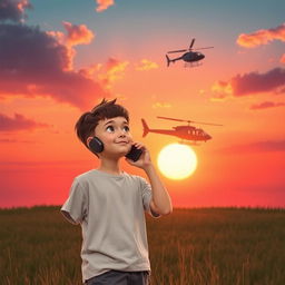 A young boy named Ripon, with short brown hair, is talking on a smartphone while looking up at a vibrant sunset in the sky