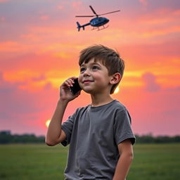 A young boy named Ripon, with short brown hair, is talking on a smartphone while looking up at a vibrant sunset in the sky