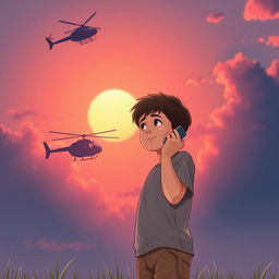 A young boy named Ripon, with short brown hair, is talking on a smartphone while looking up at a vibrant sunset in the sky