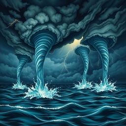 An artistic rendering of dramatic waterspouts forming at sea, showcasing their twisting, spiraling shapes as they reach down from dark storm clouds