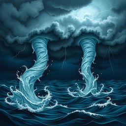 An artistic rendering of dramatic waterspouts forming at sea, showcasing their twisting, spiraling shapes as they reach down from dark storm clouds