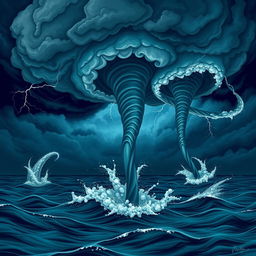 An artistic rendering of dramatic waterspouts forming at sea, showcasing their twisting, spiraling shapes as they reach down from dark storm clouds
