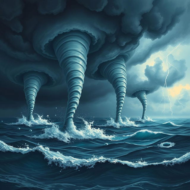 An artistic rendering of dramatic waterspouts forming at sea, showcasing their twisting, spiraling shapes as they reach down from dark storm clouds