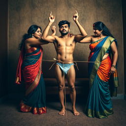 Within an intriguing integration room, two alluring desi women, elegantly draped in colorful sarees, exhibit their stunning hourglass figures, characterized by their generous busts and curvy hips