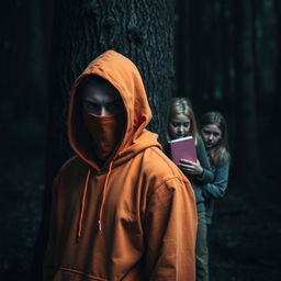 A suspenseful scene featuring a teenage male with a shrouded face, wearing a bright orange hoodie, standing in dark, ominous woods
