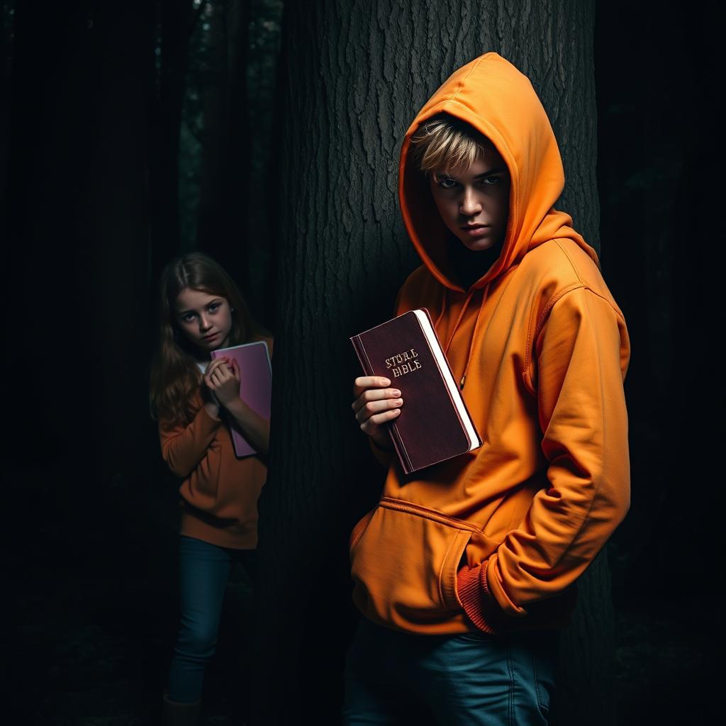 A suspenseful scene featuring a teenage male with a shrouded face, wearing a bright orange hoodie, standing in dark, ominous woods