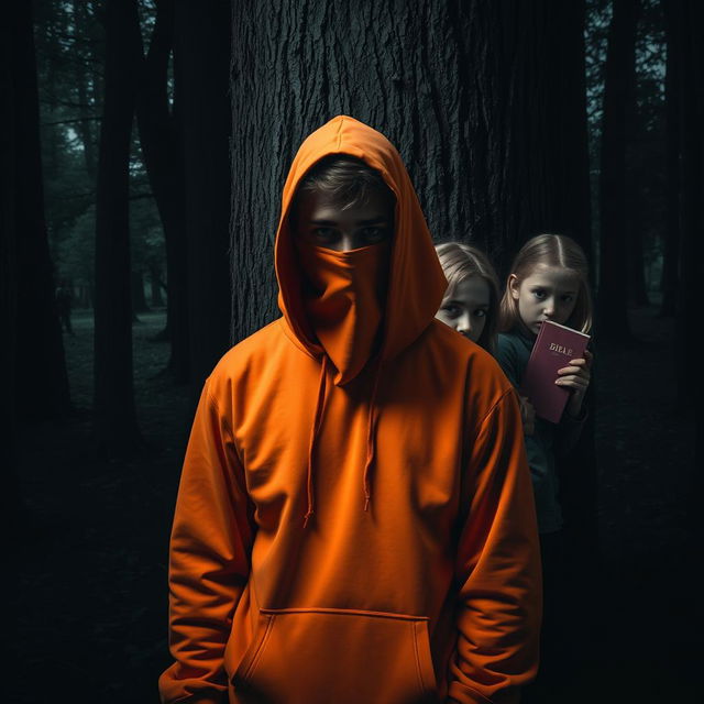 A suspenseful scene featuring a teenage male with a shrouded face, wearing a bright orange hoodie, standing in dark, ominous woods