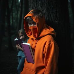 A suspenseful scene featuring a teenage male with a shrouded face, wearing a bright orange hoodie, standing in dark, ominous woods