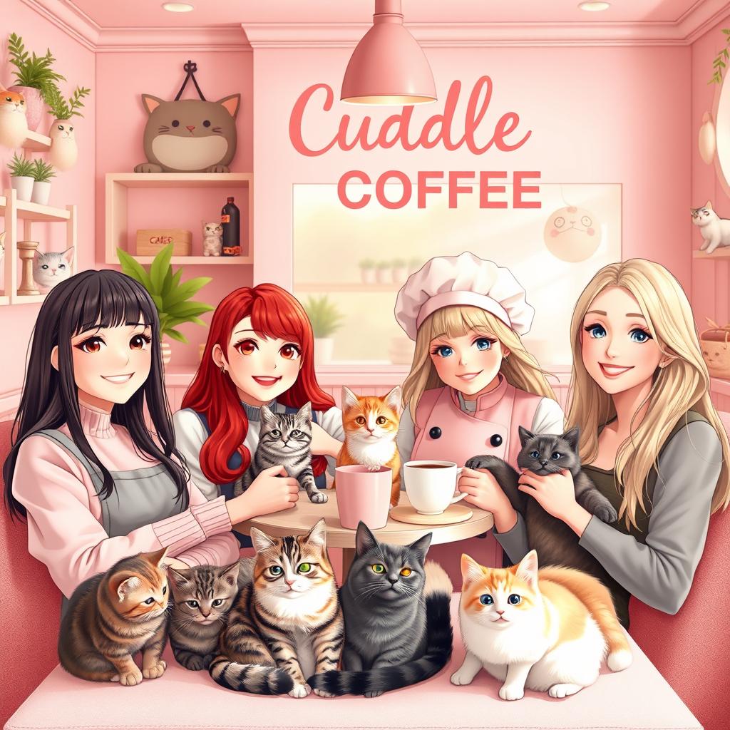 A beautiful scene depicting the Cuddle Coffee team in a cozy pastel-colored café, primarily in shades of pink, dedicated to hosting abandoned cats