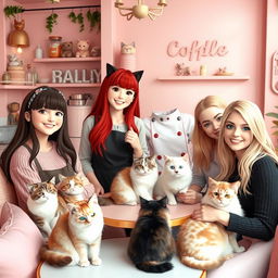 A beautiful scene depicting the Cuddle Coffee team in a cozy pastel-colored café, primarily in shades of pink, dedicated to hosting abandoned cats