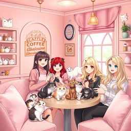 A beautiful scene depicting the Cuddle Coffee team in a cozy pastel-colored café, primarily in shades of pink, dedicated to hosting abandoned cats